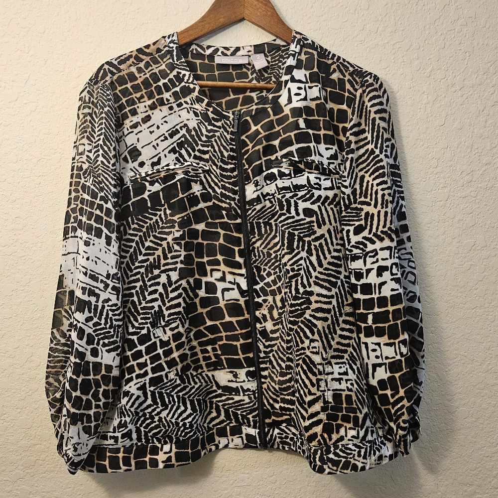 Chicos Blouse Womens Size Large Full Zip Tan‎ Black Animal Print Sheer Top